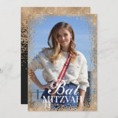 Black Rose Gold Glitzer Confetti Foto Bat Mitzvah Einladung (Vorne/Hinten)