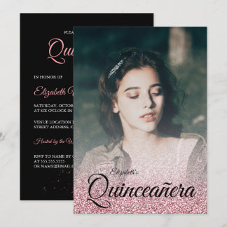Black Rose Gold Glitzer Dress Foto Quinceanera Einladung