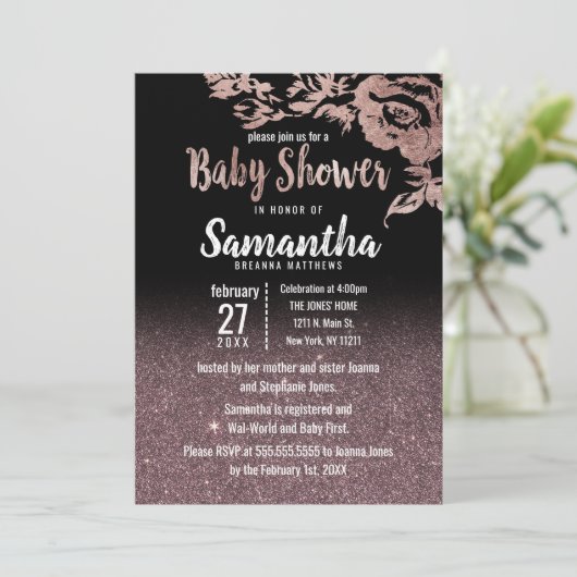 Black Rose Gold Glitzer Floral Baby Dusche Einladung (Stehend Vorderseite)