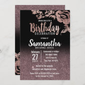 Black Rose Gold Glitzer Floral Geburtstagsparty Einladung (Vorne/Hinten)
