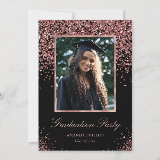 Black Rose Gold Glitzer Foto Graduation Party Einladung (Vorderseite)