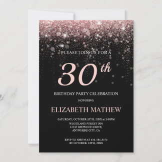 Black Rose Gold Glitzer Geburtstag Personalisierte Einladung