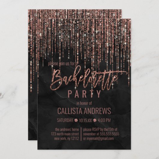 Black Rose Gold Glitzer Pearl Marble Bachelorette Einladung (Vorne/Hinten)