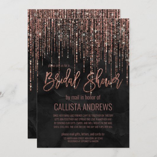 Black Rose Gold Glitzer Perl Marble Brautparty Einladung (Vorne/Hinten)