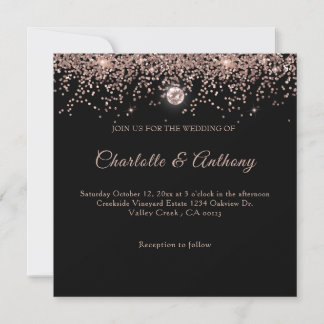 Black Rose Gold Glitzer Script Einladung