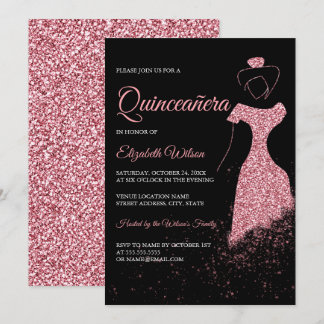 Black Rose Gold Glitzer Sparkleider Quinceanera Einladung