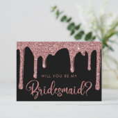 Black Rose Gold Glitzer Tropfen Bridesmaid Einladung (Stehend Vorderseite)