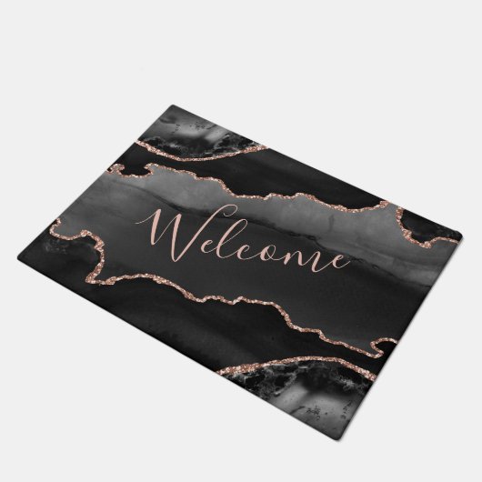 Black & Rose Gold Imitate Glitzer Agate Fußmatte (Schrägansicht)