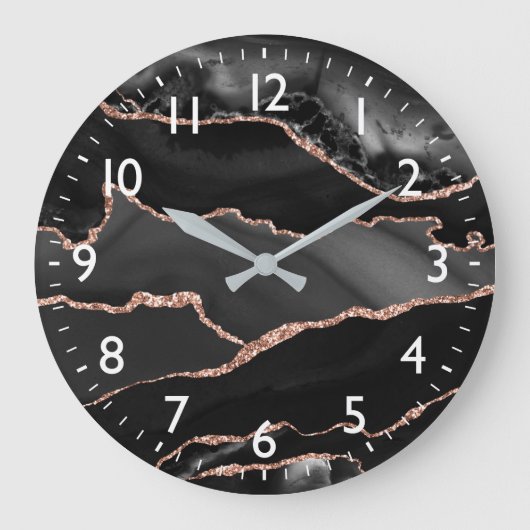 Black & Rose Gold Imitate Glitzer Agate Große Wanduhr (Vorderseite)