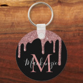 Black Rose Gold Imitate Glitzer Tropfen Monogram Schlüsselanhänger (Vorderseite)