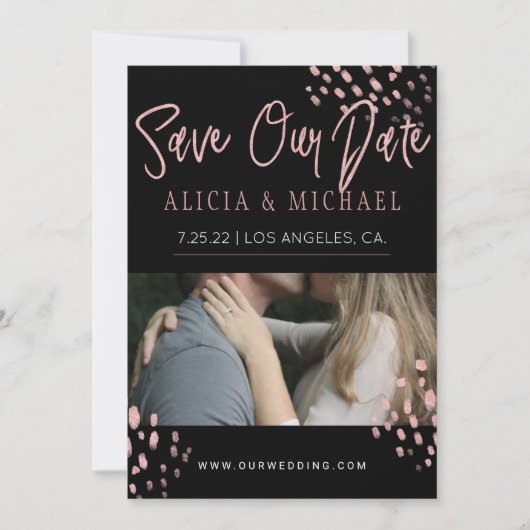 Black Rose Gold Imitats Glitzer Typografie FOTO Save The Date (Vorderseite)
