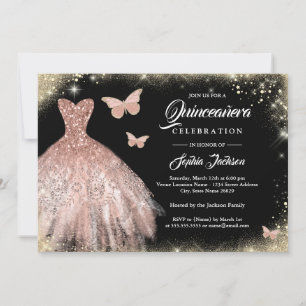 Black Rose Gold Kleid Schmetterling Quinceanera Einladung