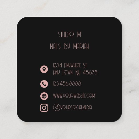 Black Rose Gold Monogram Nail Artist Quadratische Visitenkarte (Rückseite)