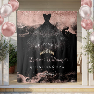 Black & Rose Gold Quinceañera Birthday Backdrop Wandteppich