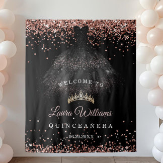 Black & Rose Gold Quinceañera Birthday Backdrop Wandteppich