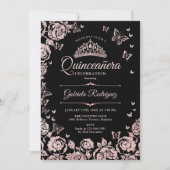 Black Rose Gold Rose Quinceanera Foto Einladung (Vorderseite)
