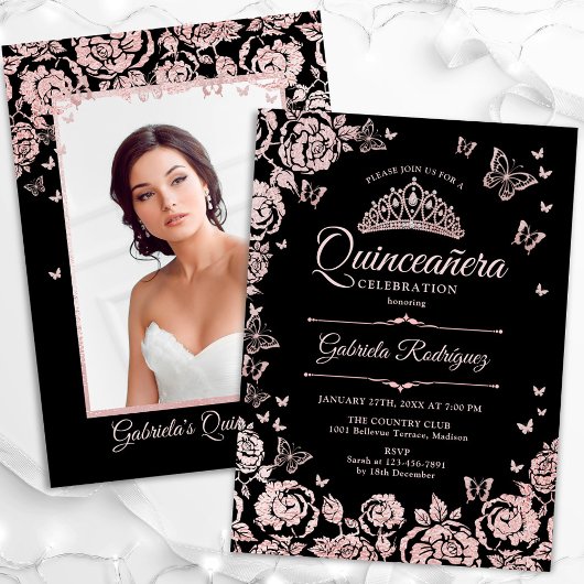 Black Rose Gold Rose Quinceanera Foto Einladung