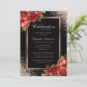 Black Rose Gold Rote Rose Foto Feier des Lebens Einladung (Stehend Vorderseite)