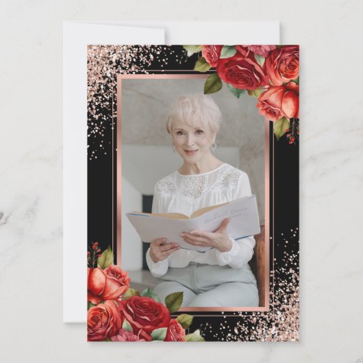 Black Rose Gold Rote Rose Foto Feier des Lebens Einladung (Rückseite)