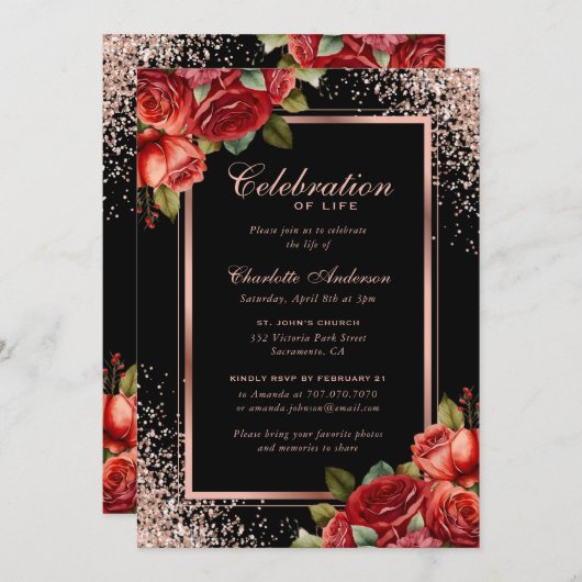 Black Rose Gold Rote Rose Foto Feier des Lebens Einladung (Vorne/Hinten)