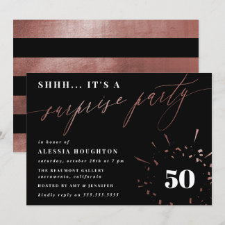 Black & Rose Gold Script Überraschung Party Einladung