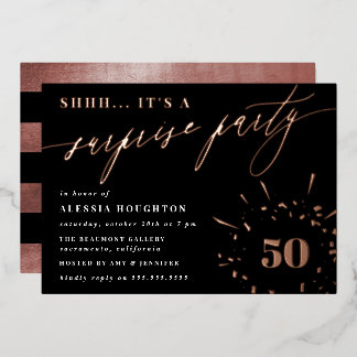 Black & Rose Gold Script Überraschung Party Folieneinladung