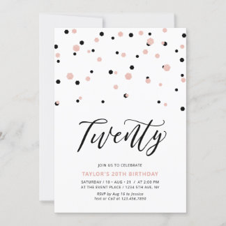 Black Rose Gold Simple 20. Geburtstagsparty Einladung