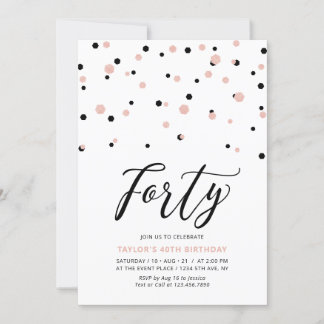 Black Rose Gold Simple 40. Geburtstag Party Einladung