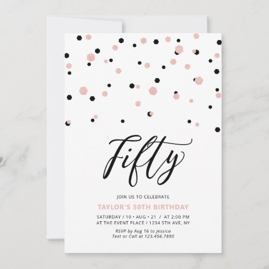 Black & Rose Gold Simple 50. Geburtstagsparty Einladung (Vorderseite)