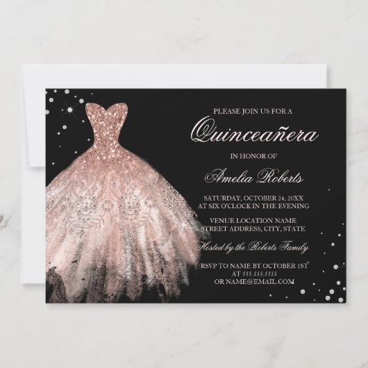Black Rose Gold Sparkle Dress Quinceanera Einladun Einladung (Vorderseite)