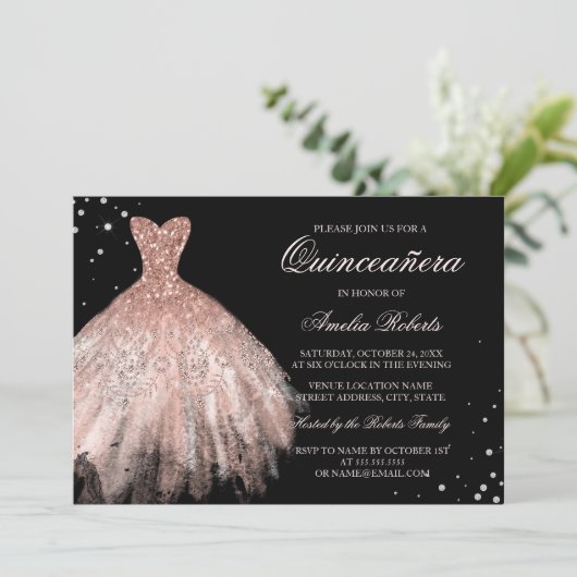Black Rose Gold Sparkle Dress Quinceanera Einladun Einladung (Stehend Vorderseite)