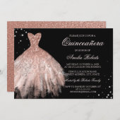 Black Rose Gold Sparkle Dress Quinceanera Einladun Einladung (Vorne/Hinten)