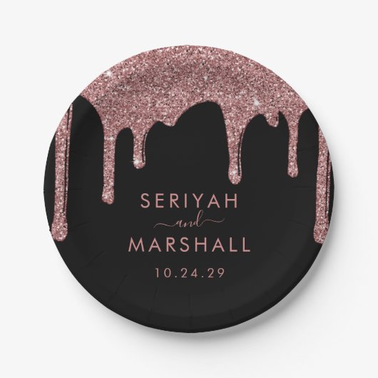 Black Rose Gold Sparkle Glitzer Tropfen Hochzeit Pappteller (Vorderseite)
