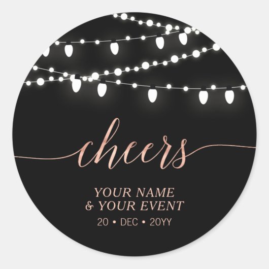 Black & Rose Gold String Lights Gefallen Geschenke Runder Aufkleber (Vorderseite)