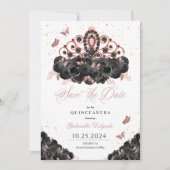 Black & Rose Gold Tiara Save the Date Quinceañera Einladung (Vorderseite)