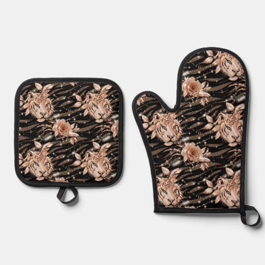 Black Rose Gold Tiger Floral Ofenhandschuh & Topflappen-Set (Vorderseite)