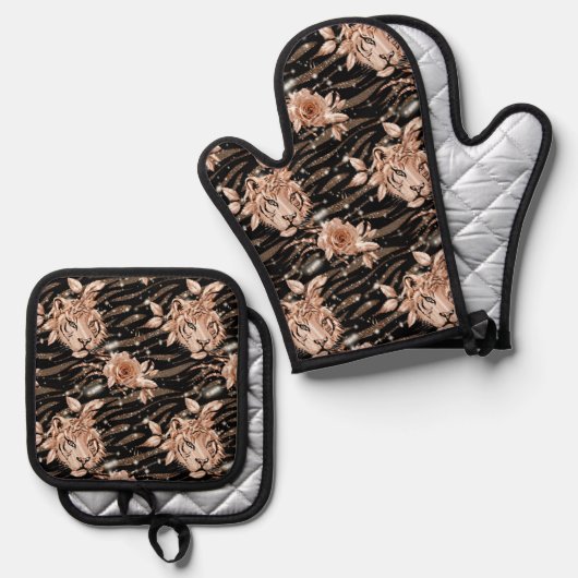 Black Rose Gold Tiger Floral Ofenhandschuh & Topflappen-Set (Vorderseite/Rückseite)
