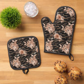 Black Rose Gold Tiger Floral Ofenhandschuh & Topflappen-Set (Oben Unten)