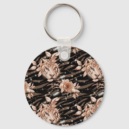 Black Rose Gold Tiger Floral Schlüsselanhänger (Vorderseite)