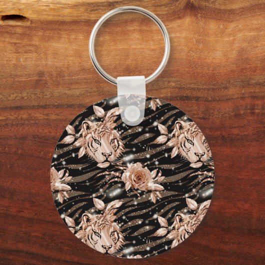 Black Rose Gold Tiger Floral Schlüsselanhänger (Vorderseite)
