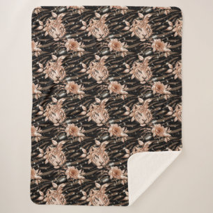 Black Rose Gold Tiger Floral Sherpadecke