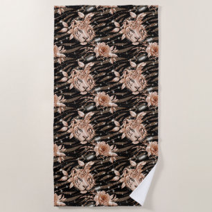 Black Rose Gold Tiger Floral Strandtuch