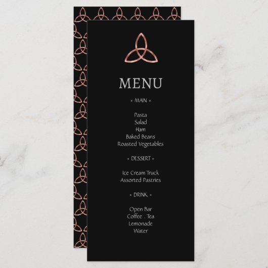 Black Rose Gold Trinity Celtic Knot Wedding Menu Menükarte (Vorne/Hinten)