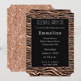 Black Rose Gold Zebra Glitzer Einladung