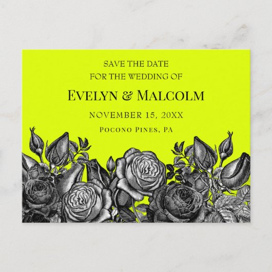 Black Rose Lime Green Save the Date STD Ankündigungspostkarte (Vorderseite)