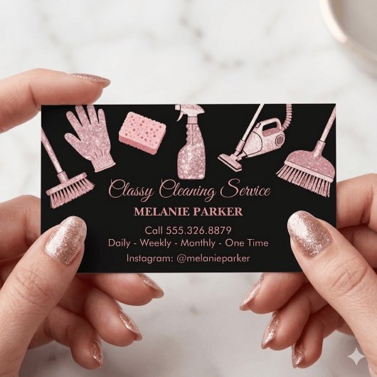Black & Rose pink Glitter Classy Cleaning Services Visitenkarte