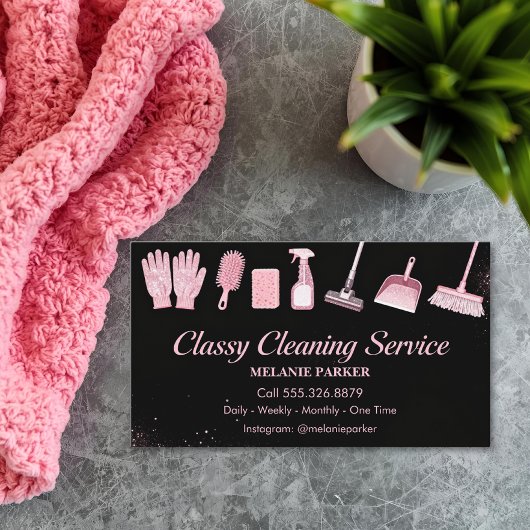 Black & Rose pink Glitter Classy Cleaning Services Visitenkarte