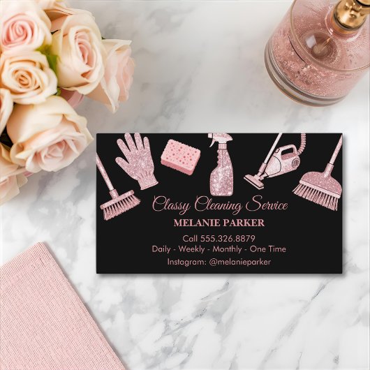 Black & Rose pink Glitter Classy Cleaning Services Visitenkarte