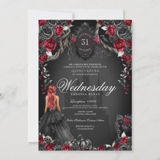 Black Rose Red Quinceañera Gothic Halloween Einladung (Vorderseite)