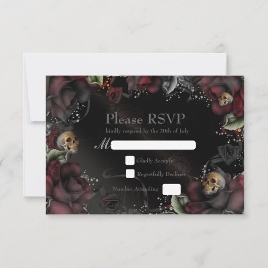 Black Rose & Skulls Gothic Wedding RSVP Card Karte (Vorderseite)